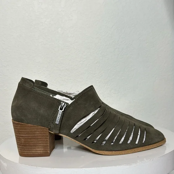 1. STATE ARNET OLIVE SUEDE LASER CUT POINTED TOE HEELED ANKLE BOOTIE - Picture 7 of 14